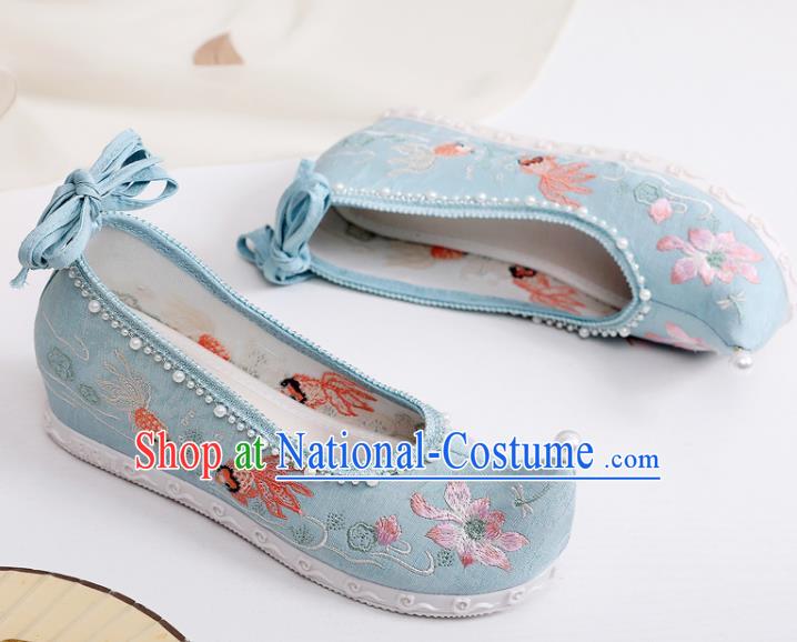 China National Embroidered Lotus Shoes Traditional Ming Dynasty Princess Shoes Handmade Hanfu Blue Cloth Bow Shoes