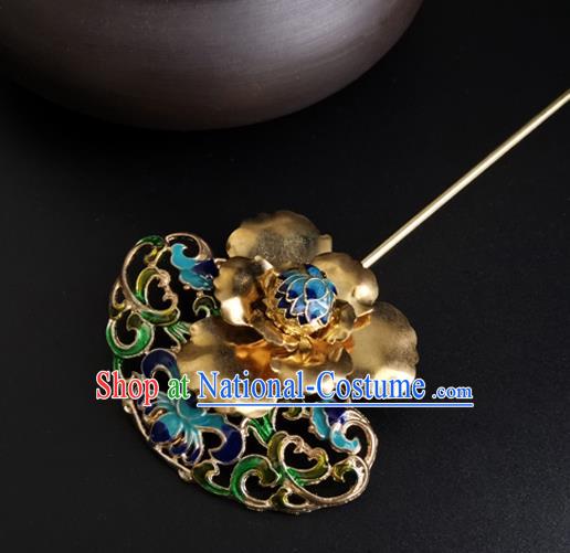 China Ancient Imperial Concubine Golden Peony Hairpin Traditional Qing Dynasty Court Cloisonne Hair Stick