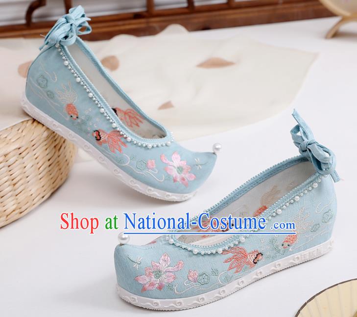 China National Embroidered Lotus Shoes Traditional Ming Dynasty Princess Shoes Handmade Hanfu Blue Cloth Bow Shoes