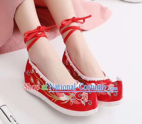 China Traditional Wedding Pearls Shoes National Embroidered Phoenix Peony Shoes Handmade Red Satin Shoes