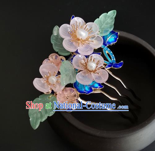 China Ancient Princess Pink Flowers Hairpin Traditional Qing Dynasty Cloisonne Hair Comb