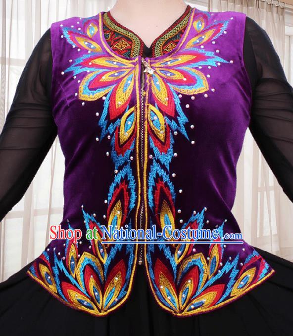 China Xinjiang Ethnic Woman Purple Velvet Vest Traditional Uygur Nationality Folk Dance Waistcoat Clothing