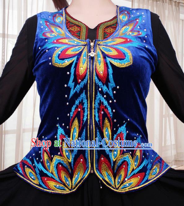 China Traditional Uygur Nationality Woman Waistcoat Clothing Xinjiang Ethnic Stage Performance Royalblue Velvet Vest