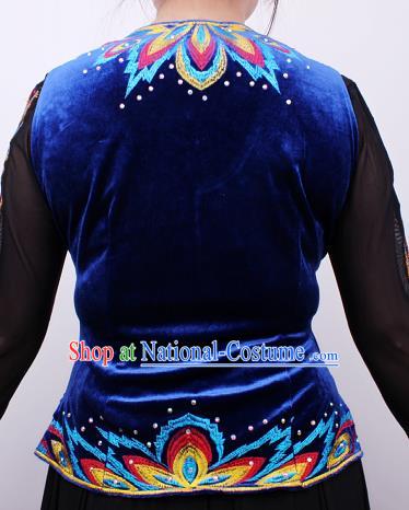 China Traditional Uygur Nationality Woman Waistcoat Clothing Xinjiang Ethnic Stage Performance Royalblue Velvet Vest