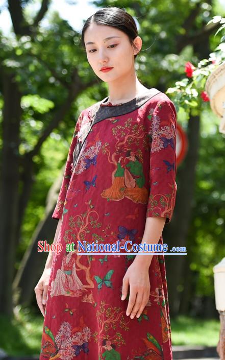 Chinese Traditional Slant Opening Qipao Dress Costume National Young Lady Printing Red Silk Cheongsam