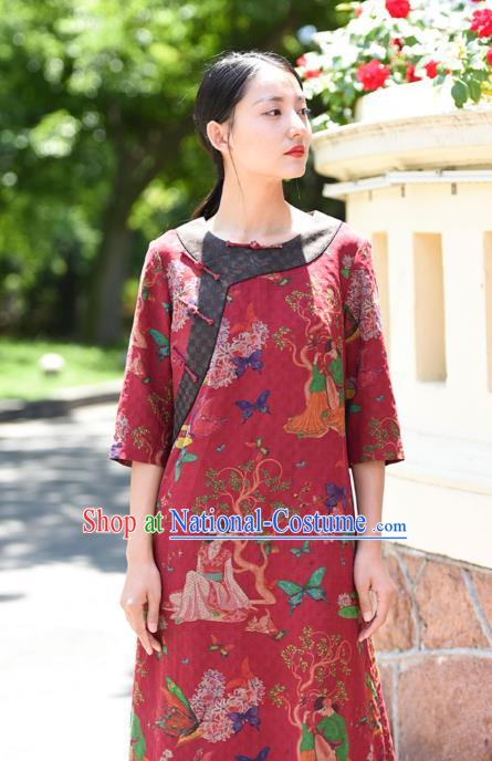 Chinese Traditional Slant Opening Qipao Dress Costume National Young Lady Printing Red Silk Cheongsam