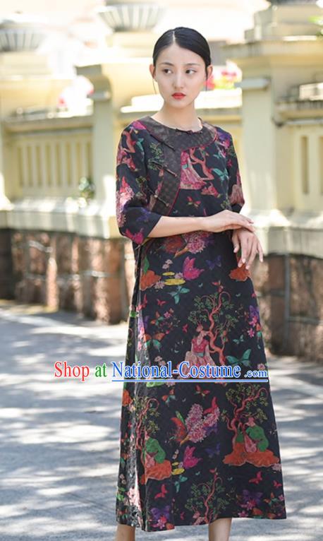 Chinese Traditional Qipao Dress Costume National Young Lady Printing Navy Silk Cheongsam