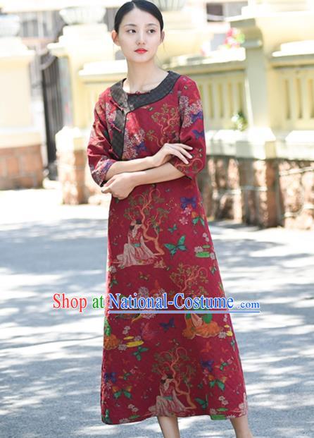 Chinese Traditional Slant Opening Qipao Dress Costume National Young Lady Printing Red Silk Cheongsam