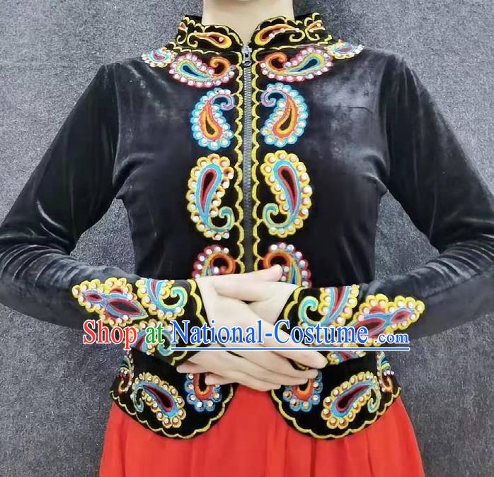 China Traditional Uygur Nationality Dance Shirt Ethnic Woman Clothing Xinjiang Performance Black Velvet Blouse