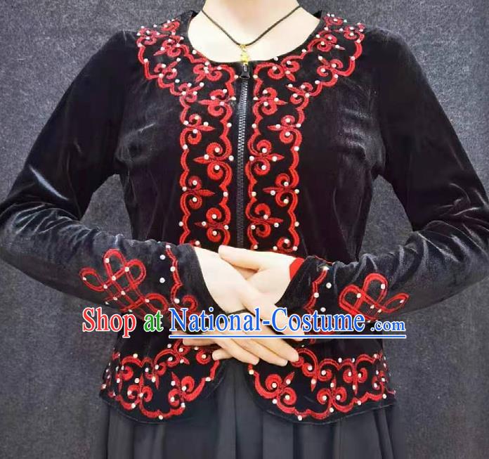 China Ethnic Woman Clothing Xinjiang Performance Black Velvet Blouse Traditional Uygur Nationality Dance Shirt