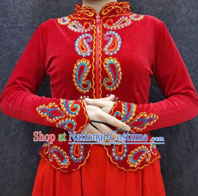 China Xinjiang Performance Red Velvet Blouse Traditional Uygur Nationality Dance Shirt Ethnic Woman Clothing