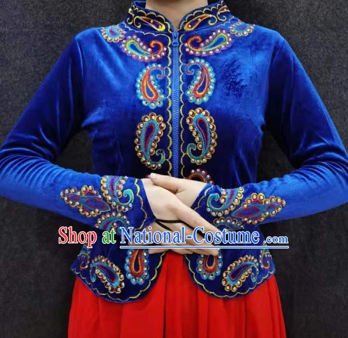 China Ethnic Folk Dance Clothing Xinjiang Woman Royalblue Velvet Blouse Traditional Uygur Nationality Shirt