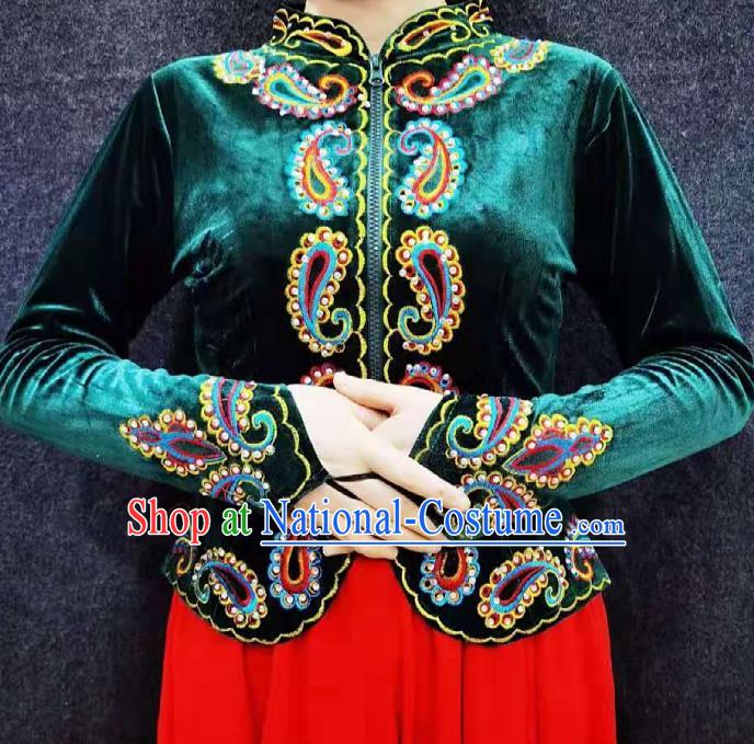 China Traditional Uygur Nationality Shirt Ethnic Folk Dance Clothing Xinjiang Woman Green Velvet Blouse