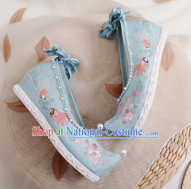 China National Embroidered Lotus Shoes Traditional Ming Dynasty Princess Shoes Handmade Hanfu Blue Cloth Bow Shoes