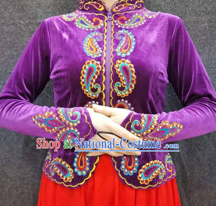 China Ethnic Folk Dance Clothing Xinjiang Woman Purple Velvet Blouse Traditional Uygur Nationality Upper Outer Garment