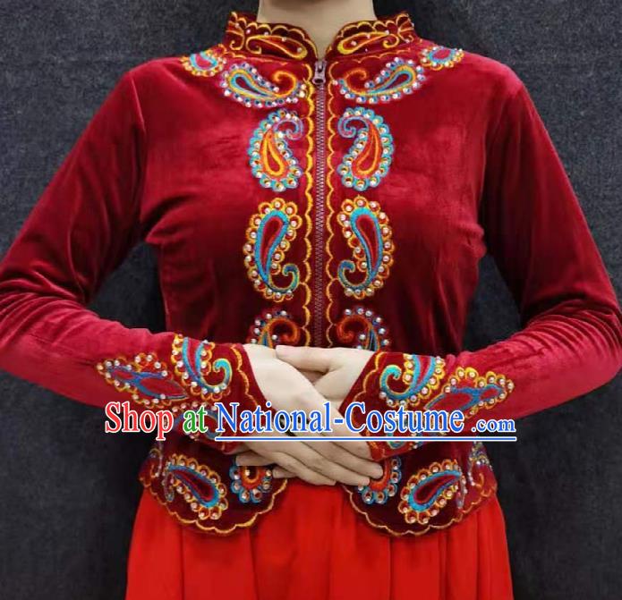 China Traditional Uygur Nationality Upper Outer Garment Ethnic Folk Dance Clothing Xinjiang Woman Red Velvet Blouse