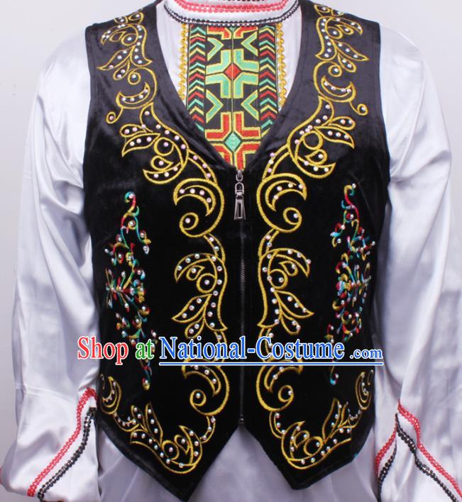 Chinese Xinjiang Male Dance Stage Performance Costumes Uygur Ethnic Folk Dance Black Embroidered Vest