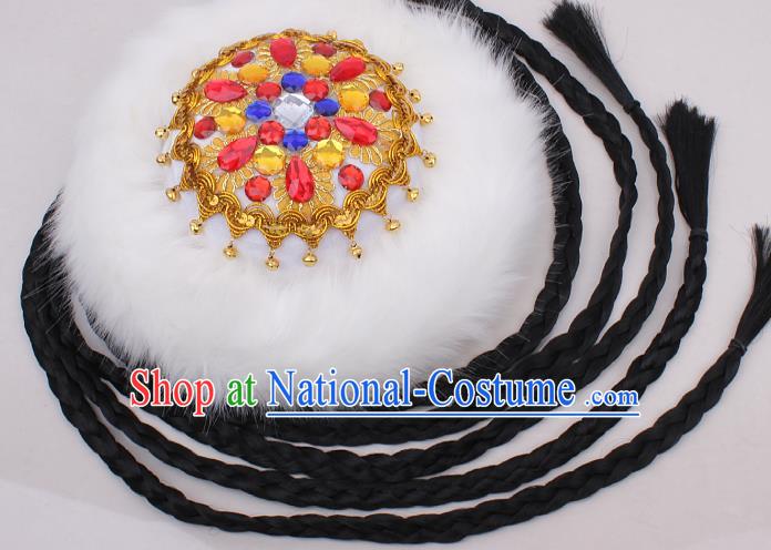 Chinese Traditional Uygur Nationality Performance White Fur Hat Xinjiang Ethnic Woman Folk Dance Braid Headwear