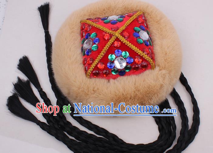 Chinese Xinjiang Ethnic Woman Braid Headwear Traditional Uygur Nationality Performance Fur Red Hat