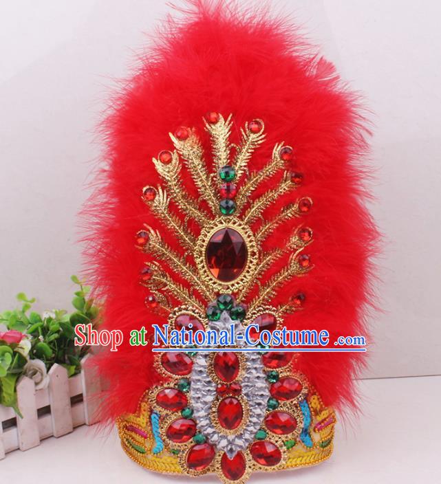 Chinese Traditional Uygur Nationality Red Feather Hat Xinjiang Ethnic Folk Dance Hair Accessories