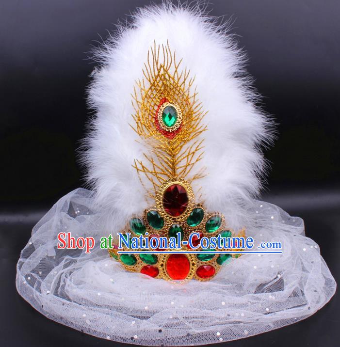 Chinese Uygur Nationality Feather Hat Traditional Xinjiang Dance Headwear Ethnic Folk Dance White Veil Hair Clasp