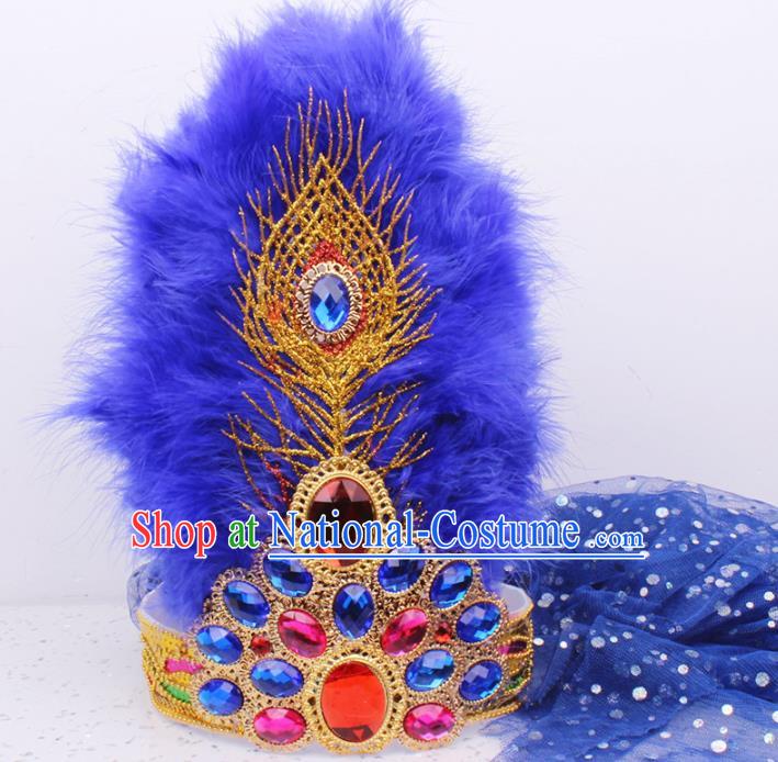 Chinese Traditional Xinjiang Dance Headwear Ethnic Folk Dance Royalblue Veil Hair Clasp Uygur Nationality Feather Hat