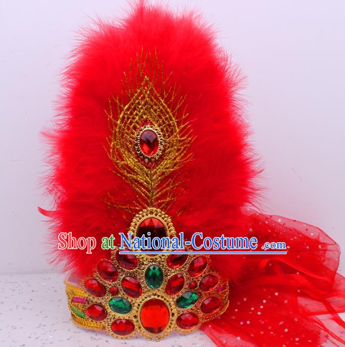 Chinese Ethnic Folk Dance Red Veil Hair Clasp Uygur Nationality Feather Hat Traditional Xinjiang Dance Headdress