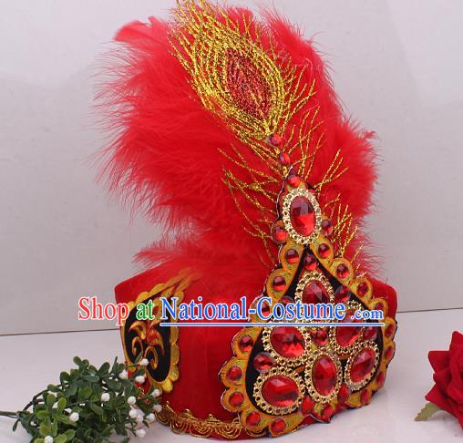 Chinese Uygur Nationality Folk Dance Red Feather Hat Traditional Xinjiang Ethnic Folk Dance Headdress