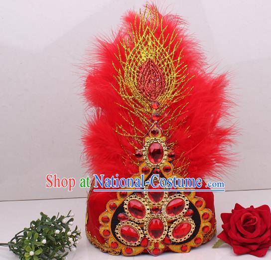 Chinese Uygur Nationality Folk Dance Red Feather Hat Traditional Xinjiang Ethnic Folk Dance Headdress