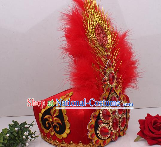 Chinese Uygur Nationality Folk Dance Red Feather Hat Traditional Xinjiang Ethnic Folk Dance Headdress