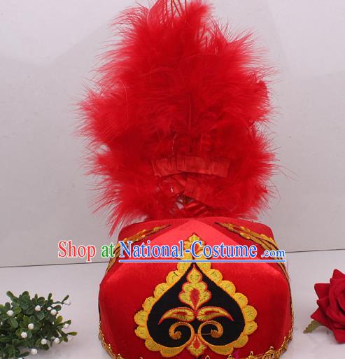 Chinese Uygur Nationality Folk Dance Red Feather Hat Traditional Xinjiang Ethnic Folk Dance Headdress