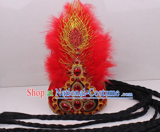 Chinese Uygur Nationality Folk Dance Red Feather Hat Traditional Xinjiang Ethnic Folk Dance Headdress