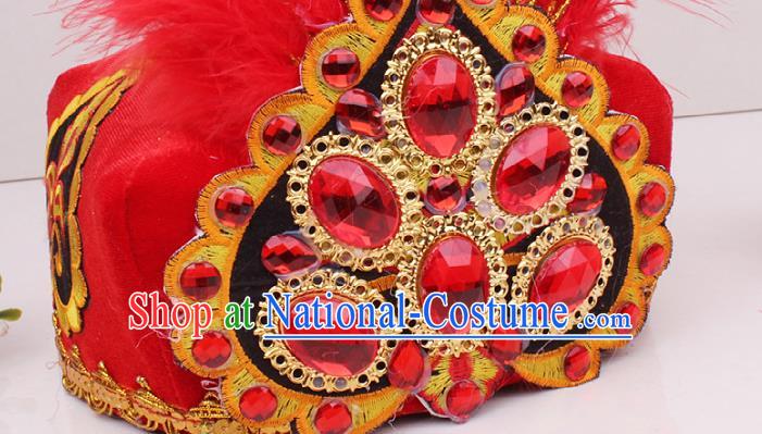 Chinese Uygur Nationality Folk Dance Red Feather Hat Traditional Xinjiang Ethnic Folk Dance Headdress