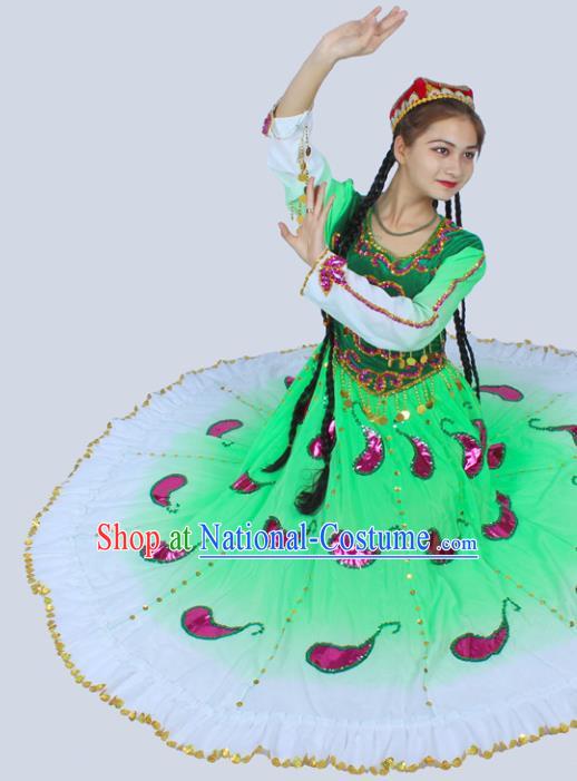 China Xinjiang Ethnic Folk Dance Clothing Traditional Uygur Nationality Stage Performance Green Dress