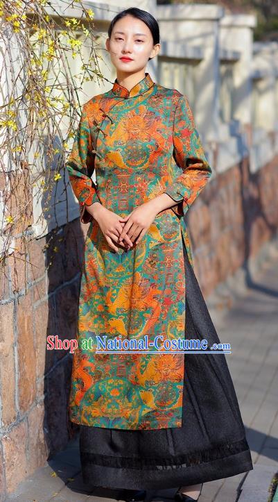 Chinese Traditional Dragon Pattern Silk Qipao Dress Costume National Young Lady Stage Show Cheongsam