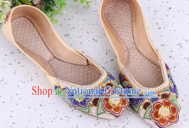 Indian Handmade Embroidery Beads Shoes Asian Traditional Wedding Apricot Leather Shoes Folk Dance Shoes