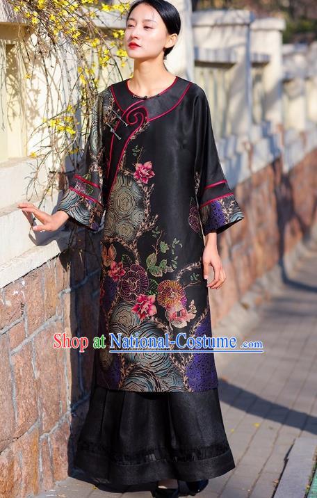 Chinese Traditional Wide Sleeve Qipao Dress Costume National Young Lady Black Silk Cheongsam