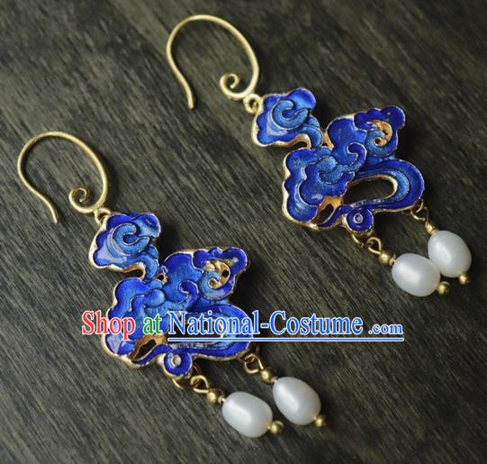 Chinese Traditional Qing Dynasty Court Blueing Cloud Ear Jewelry Ancient Imperial Concubine Earrings