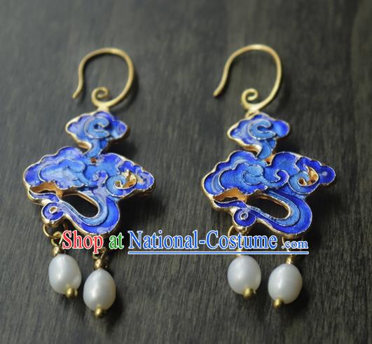 Chinese Traditional Qing Dynasty Court Blueing Cloud Ear Jewelry Ancient Imperial Concubine Earrings