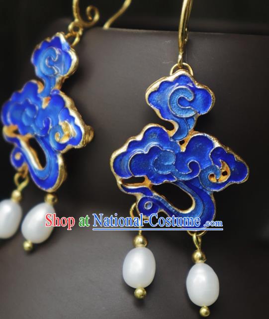 Chinese Traditional Qing Dynasty Court Blueing Cloud Ear Jewelry Ancient Imperial Concubine Earrings