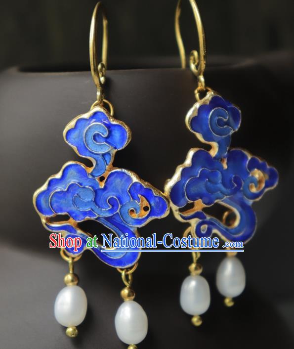 Chinese Traditional Qing Dynasty Court Blueing Cloud Ear Jewelry Ancient Imperial Concubine Earrings