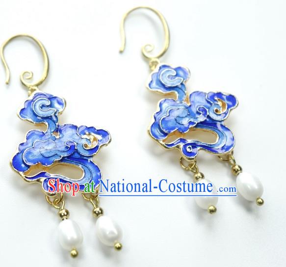 Chinese Traditional Qing Dynasty Court Blueing Cloud Ear Jewelry Ancient Imperial Concubine Earrings