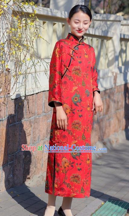 Chinese Traditional Printing Flowers Red Qipao Dress Costume National Young Lady Cheongsam