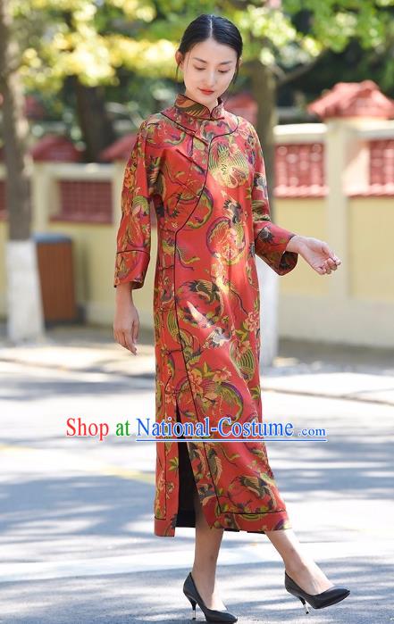 Chinese Traditional Phoenix Peony Pattern Red Silk Qipao Dress Costume National Young Lady Cheongsam