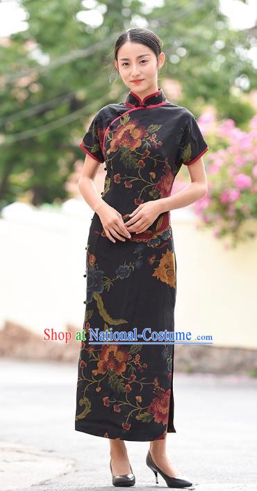 Chinese Traditional Peony Butterfly Pattern Qipao Dress Costume National Young Lady Black Silk Cheongsam