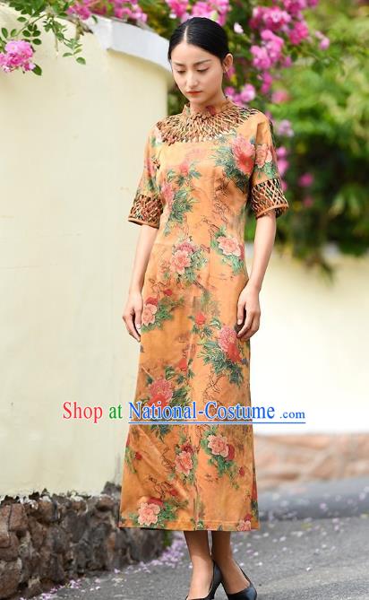 Chinese Traditional Minguo Young Lady Qipao Dress Costume National Printing Peony Yellow Silk Cheongsam