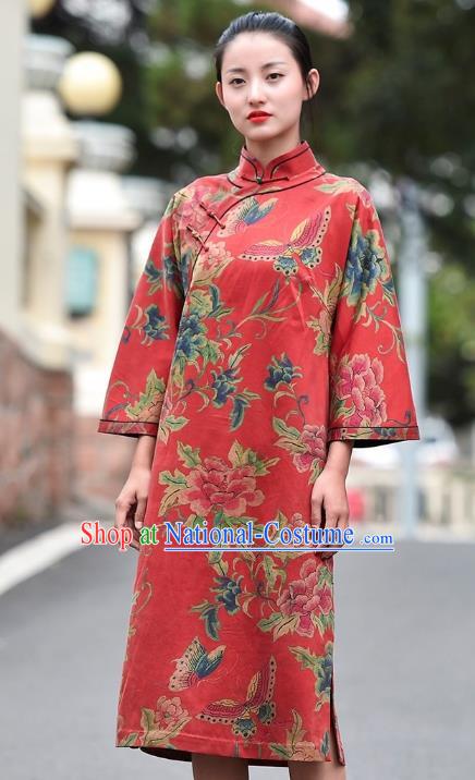 Chinese Traditional Minguo Wedding Red Silk Qipao Dress Costume National Printing Peony Butterfly Cheongsam