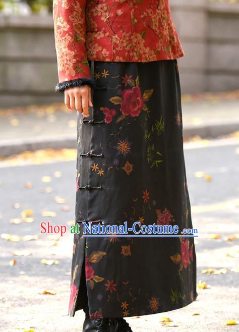 China National Woman Printing Rose Skirt Traditional Tang Suit Black Silk Bust Skirt Costume