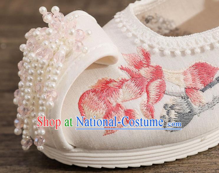 China Traditional Embroidered Lotus Fish Shoes Handmade Folk Dance Shoes National White Cloth Pearls Tassel Shoes