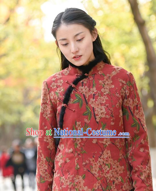 China National Woman Outer Garment Clothing Tang Suit Red Overcoat Traditional Cotton Wadded Jacket